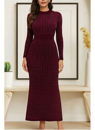 Kadın Uzun Kollu Bisiklet Yaka Taşlı Midi Kadife Elbise
