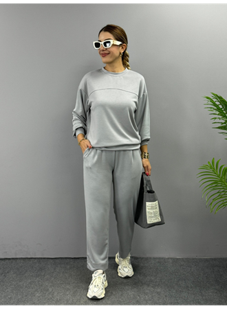 Kadın Uzun Kollu Bisiklet Yaka Viskon Iki Iplik Bluz Ve Pantolon Ikili Takım