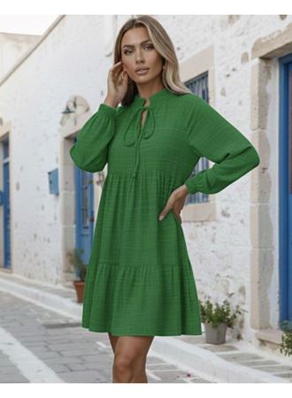 Kadın Uzun Kollu Yakadan Bağcıklı Fırfırlı Keten Mini Elbise