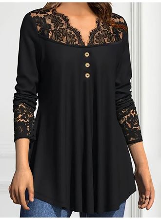 Kadın Uzun Kollu Dantel Detaylı Düğmeli Viskon Bluz