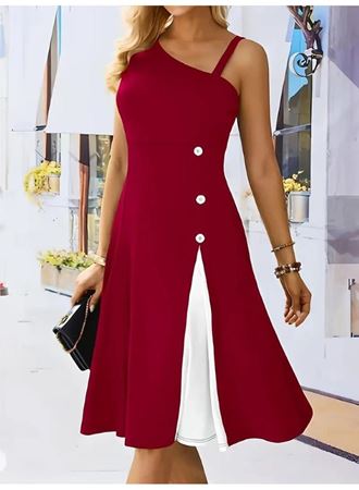 Kadın Tek Omuzu şerit Detaylı Kolsuz Yandan Düğme Detaylı Janjan Krep Elbise