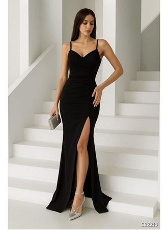 Kadın Dalgıç Kumaş V Yaka Yırtmaç Detaylı Maxi Boy Elbise