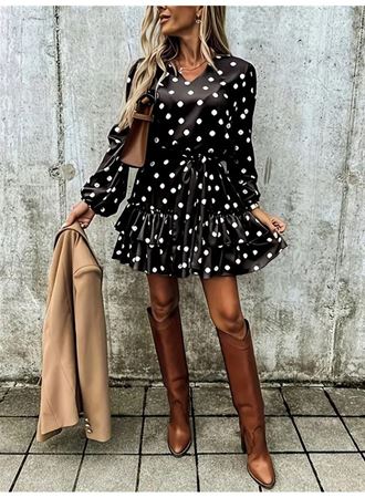Kadın Uzun Kollu V Yakalı Belden Kuşaklı Puantiyeli Mini Modal Elbise