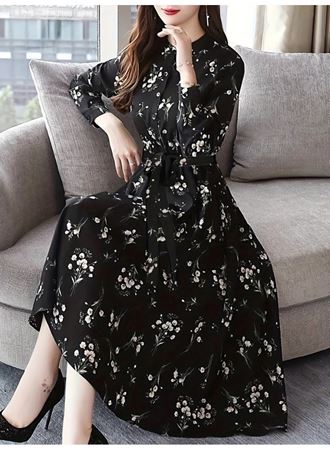 Kadın Uzun Kollu Hakim Yakalı Düğmeli Kuşaklı Desenli Maxi Mikro Süprem Elbise