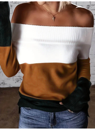 Kadın Uzun Kollu Omuzlardan Açık Uzun Kollu Blok çizgili Triko Bluz