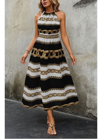 Kadın Kolsuz Boyundan Bağlamalı Beli Lastikli Dijital Baskı Süprem Uzun Elbise