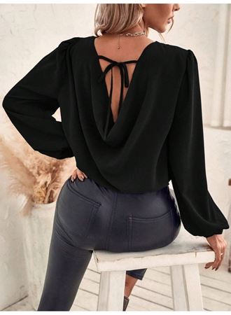 Kadın Uzun Kollu Yuvarlak Yaka Arkadan Bağcıklı Salaş Ithal Krep Bluz