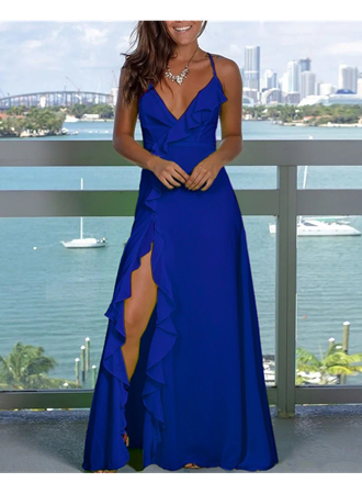 Kadın Ip Askılı Dekolteli Yırtmaç Detay Krep Elbise