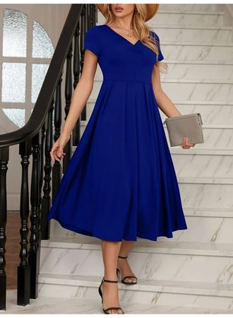 Kadın Kısa Kollu V Yakalı önden Pileli Midi Janjan Krep Elbise