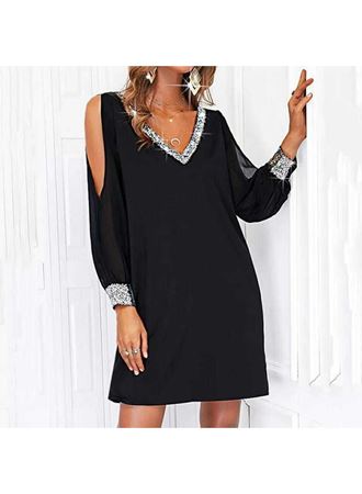 Kadın Uzun Kollu V Yaka Kollar Tül Yırtmaç Detay Kol Manşetleri Ve Yaka Payet Krep Elbise