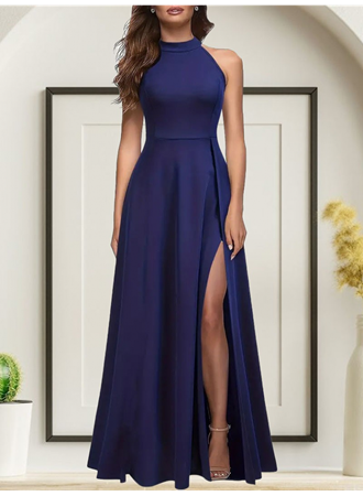 Kadın Halter Yaka Derin Yırtmaç Detaylı Tam Boy Janjan Krep Abiye Elbise