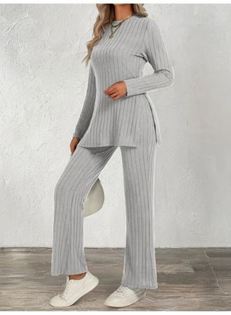 Kadın Uzun Kollu Bisiklet Yaka Yandan Yırtmaçlı şardonlu Kaşkorse Bluz Ve Pantolon Ikili Takım