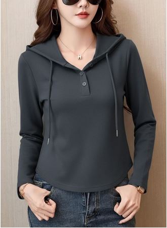Kadın Uzun Kollu Kapşonlu Bağcıklı Düğmeli Viskon Iki Iplik Füme Bluz