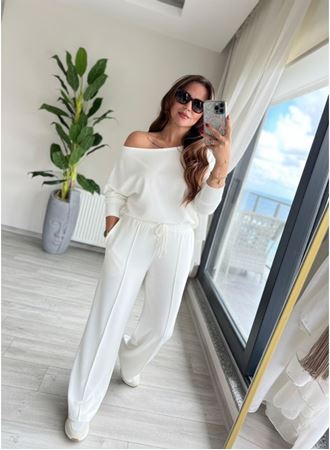 Kadın Uzun Kollu Tek Omuzdan Açık Dalgıç Bluz Ve Pantolon Ikili Takım