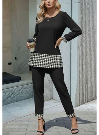 Kadın Uzun Kollu Yuvarlak Yakalı Kaz Ayağı Detaylı Viskon Iki Iplik Bluz Ve Pantolon Ikili Takım