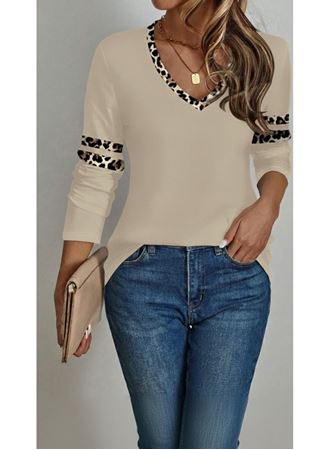 Kadın Uzun Kollu V Yakalı Leopar Desenli Viskon Iki Iplik Bluz