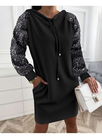 Kadın Uzun Kollu Pulpayetli Bağcıklı Cep Detaylı Mini Viskon Iki Iplik Elbise