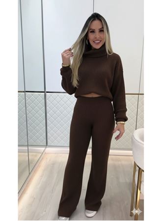 Kadın Uzun Kollu Balıkçı Yaka Kısa Triko Bluz Ve Pantolon Ikili Takım