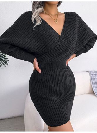 Kadın Uzun Kollu Kruvaze Geniş Yakalı Mini Triko Elbise