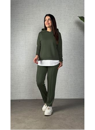 Kadın Uzun Kollu Kapşonlu Bağcıklı Viskon Iki Iplik Bluz Ve Pantolon Ikili Takım