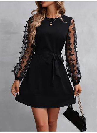 Kadın Uzun Kollu Bisiklet Yaka Kollar Tül Kelebek Detaylı Ithal Krep Elbise