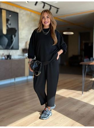 Kadın Uzun Kollu Bisiklet Yaka Viskon Iki Iplik Bluz Ve Pantolon Ikili Takım