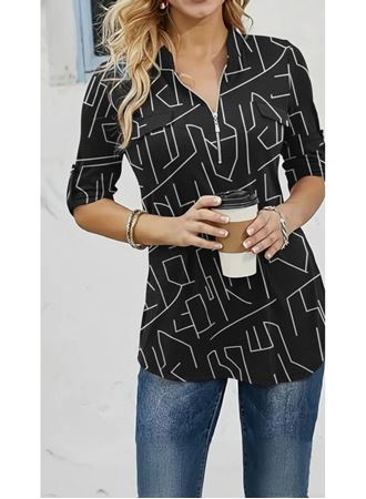 Kadın Uzun Kollu Hakim Yaka Yakadan Fermuarlı Geometrik Desenli Süprem Bluz