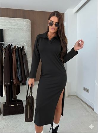 Kadın Uzun Kollu Yakalı Yandan Yırtmaçlı Midi Modal Elbise