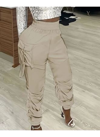 Kadın Yüksek Bel Beli Lastikli Kargo Cep Detaylı Gabardin Pantolon