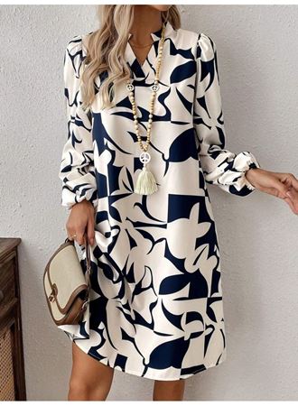 Kadın Uzun Kollu V Yakalı Desenli Modal Mini Elbise