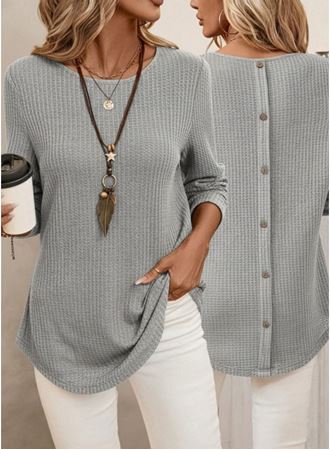 Kadın Uzun Kollu Yuvarlak Yaka Arkadan Düğmeli Waffle Bluz