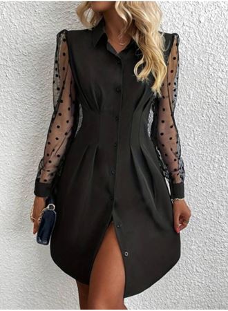 Kadın Uzun Kollu Yakalı Düğmeli Mini Ithal Krep Elbise