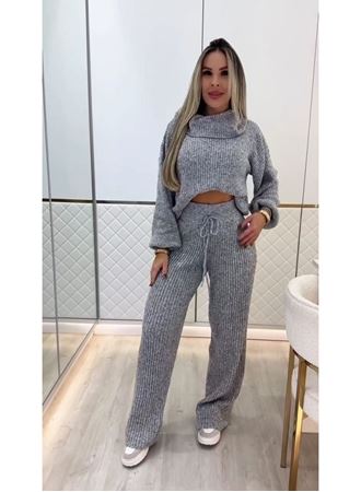 Kadın Uzun Kollu Balıkçı Yaka Kısa Triko Bluz Ve Pantolon Ikili Takım