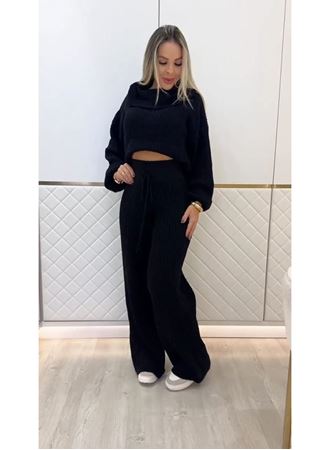 Kadın Uzun Kollu Balıkçı Yaka Kısa Triko Bluz Ve Pantolon Ikili Takım