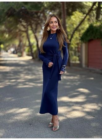 Kadın Uzun Kollu Bisiklet Yaka Yandan Bağlamalı Uzun Modal Elbise