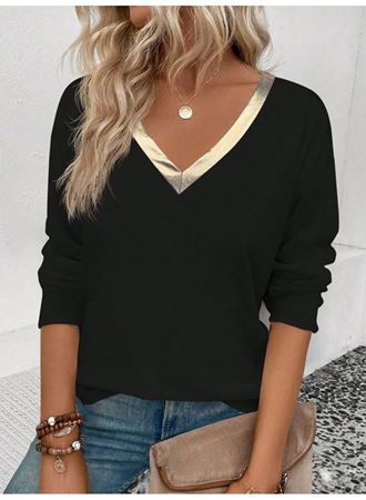 Kadın Uzun Kollu V Parlak Yaka Detaylı Viskon Bluz