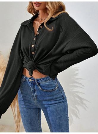 Kadın Uzun Kollu Yakalı Düğmeli Salaş Waffle Bluz