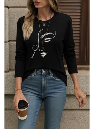 Kadın Uzun Kollu Bisiklet Yaka Yüz Desenli Viskon Bluz