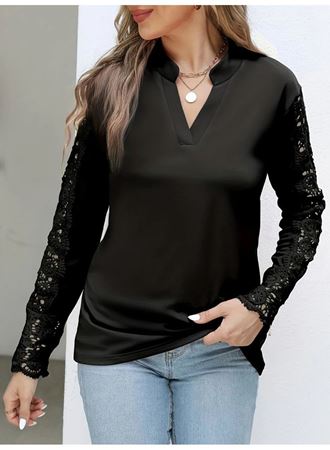 Kadın Uzun Kollu Hakim Yaka Kolları Dantel Detaylı Ithal Krep Bluz