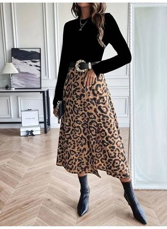 Kadın Uzun Kollu Bisiklet Yaka Ithal Krep Bluz Alt Desenli Modal Midi Elbise