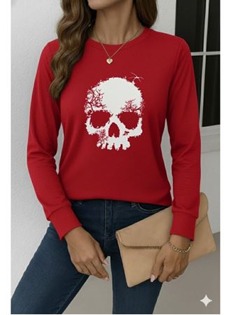 Kadın Uzun Kollu Bisiklet Yaka Kurukafa Desenli Viskon Bluz