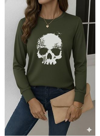 Kadın Uzun Kollu Bisiklet Yaka Kurukafa Desenli Viskon Bluz