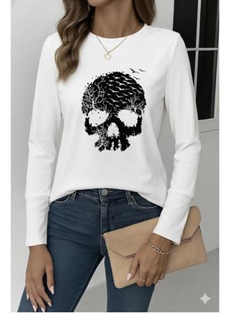 Kadın Uzun Kollu Bisiklet Yaka Kurukafa Desenli Viskon Bluz