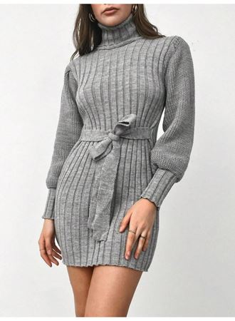 Kadın Uzun Kollu Balıkçı Yaka Beli Kuşaklı Mini Triko Elbise