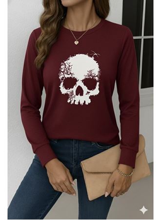 Kadın Uzun Kollu Bisiklet Yaka Kurukafa Desenli Viskon Bluz