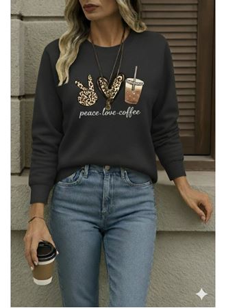 Kadın Uzun Kollu Bisiklet Yaka Kalp Desenli Viskon Iki Iplik Bluz