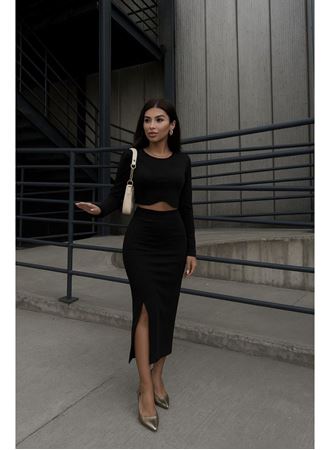 Kadın Uzun Kollu Bisiklet Yaka Kısa Krop Dalgıç Bluz Ile önden Yırtmaçlı Uzun Etek Ikili Takım