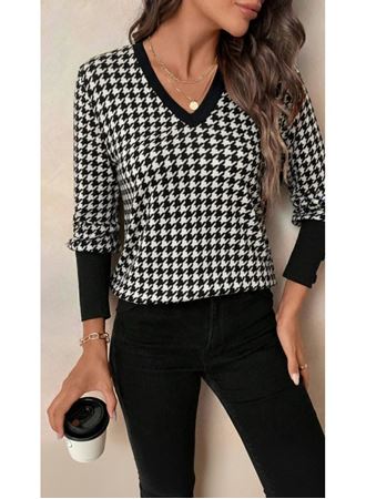 Kadın Uzun Kollu V Yakalı Desenli Süprem Bluz