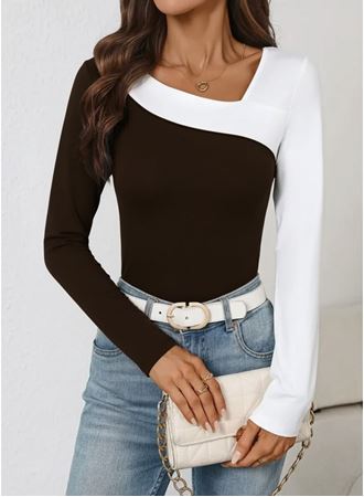 Kadın Uzun Kollu Geometrik Yaka Detaylı çift Renkli Viskon Bluz