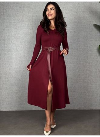 Kadın Uzun Kollu Yakalı Belden Deri Detaylı Kuşaklı Yırtmaçlı Midi Viskon Iki Iplik Elbise